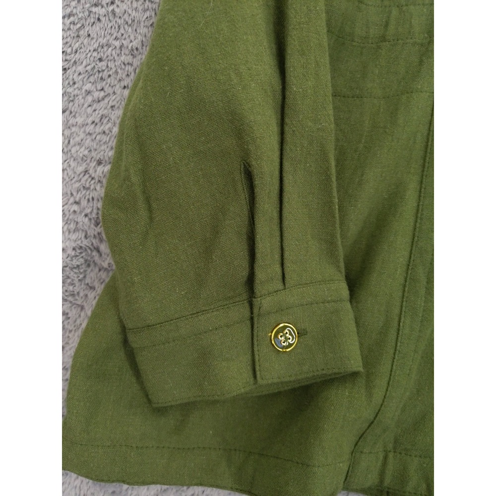 Susan Graver Pure Olive Green Linen Blend Mandarin Collar Button Up Shirt Top XL - Picture 4 of 10